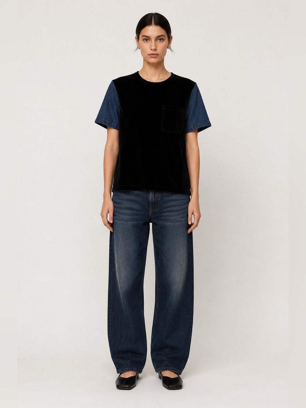 Marni velvet, denim and knit zip back short sleeve boxy fit top. Size Medium